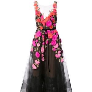 ISO | MARCHESA NOTTE | floral appliqué tulle gown size 0 2 4 black pink orange